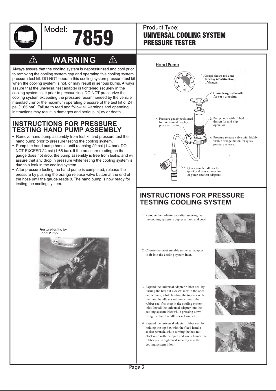Warning, Universal cooling system pressure tester, Instructions for pressure testing cooling system | Page 2 | Astro Pneumatic 7859 Universal Cooling System Pressure Tester User Manual | Page 2 / 10
