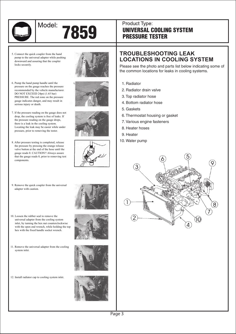 Universal cooling system pressure tester, Troubleshooting leak locations in cooling system, Page 3 | Astro Pneumatic 7859 Universal Cooling System Pressure Tester User Manual | Page 3 / 10