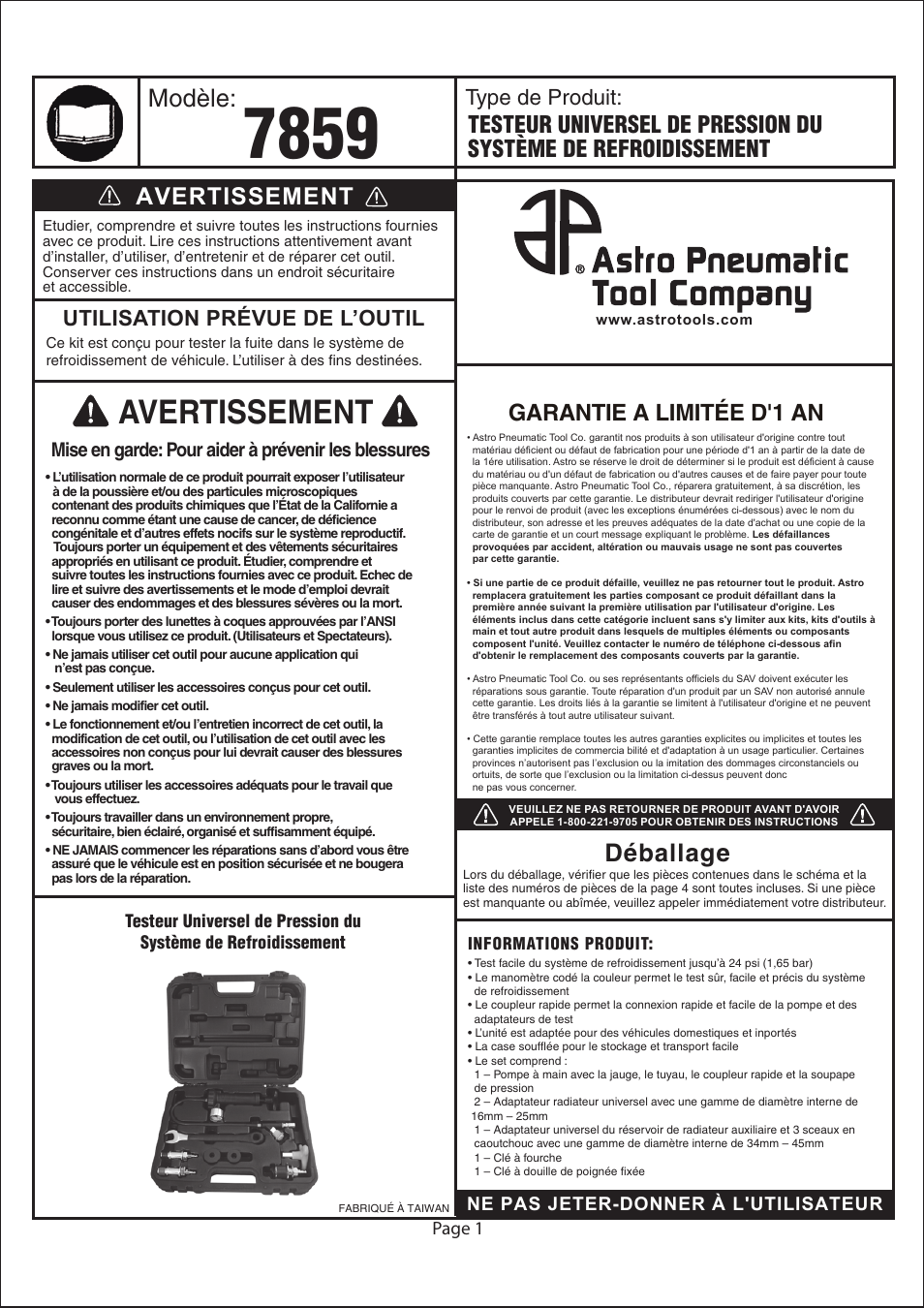 Avertissement, Déballage, Modèle | Garantie a limitée d'1 an, Type de produit, Utilisation prévue de l’outil, Mise en garde: pour aider à prévenir les blessures, Page 1, Ne pas jeter-donner à l'utilisateur | Astro Pneumatic 7859 Universal Cooling System Pressure Tester User Manual | Page 4 / 10