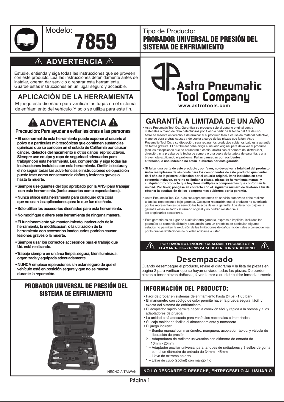 Desempacado, Modelo, Advertencia | Garantía a limitada de un año, Tipo de producto: aplicación de la herramienta, Información del producto, Página 1 | Astro Pneumatic 7859 Universal Cooling System Pressure Tester User Manual | Page 7 / 10