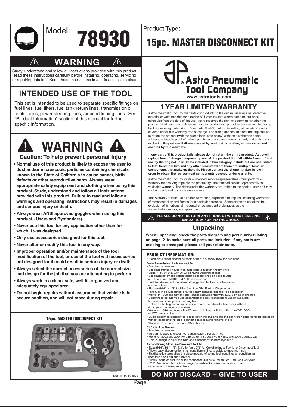 Astro Pneumatic 78930 15pc Master Disconnect Kit User Manual | 4 pages