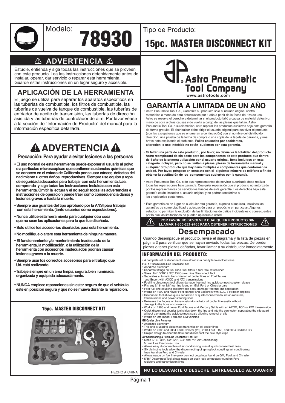 15pc. master disconnect kit, Advertencia, Desempacado | Modelo, Garantía a limitada de un año, Tipo de producto, Aplicación de la herramienta, Página 1 | Astro Pneumatic 78930 15pc Master Disconnect Kit User Manual | Page 3 / 4