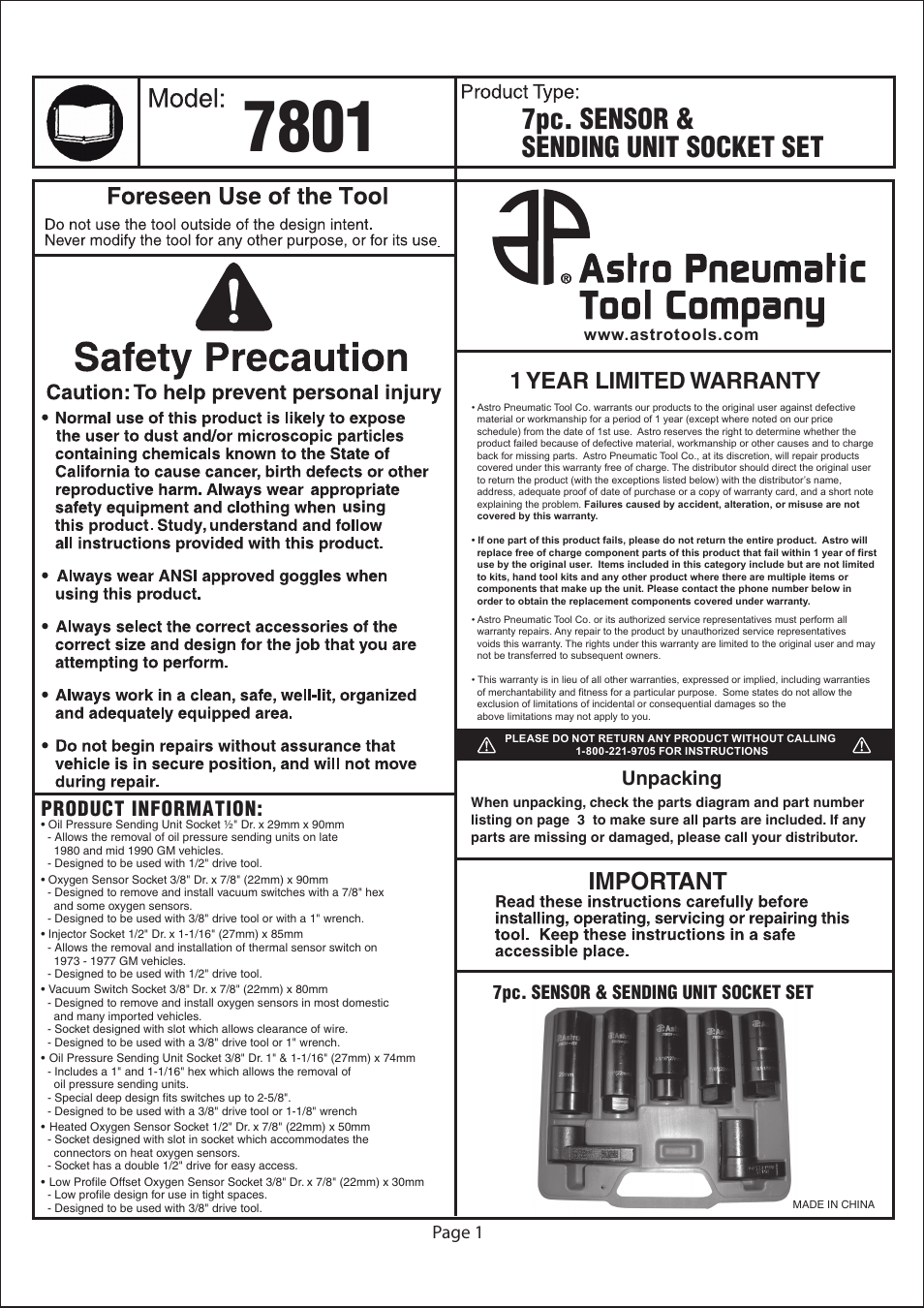 Astro Pneumatic 7801 7pc. Sensor & Sending Unit Socket Set User Manual | 2 pages
