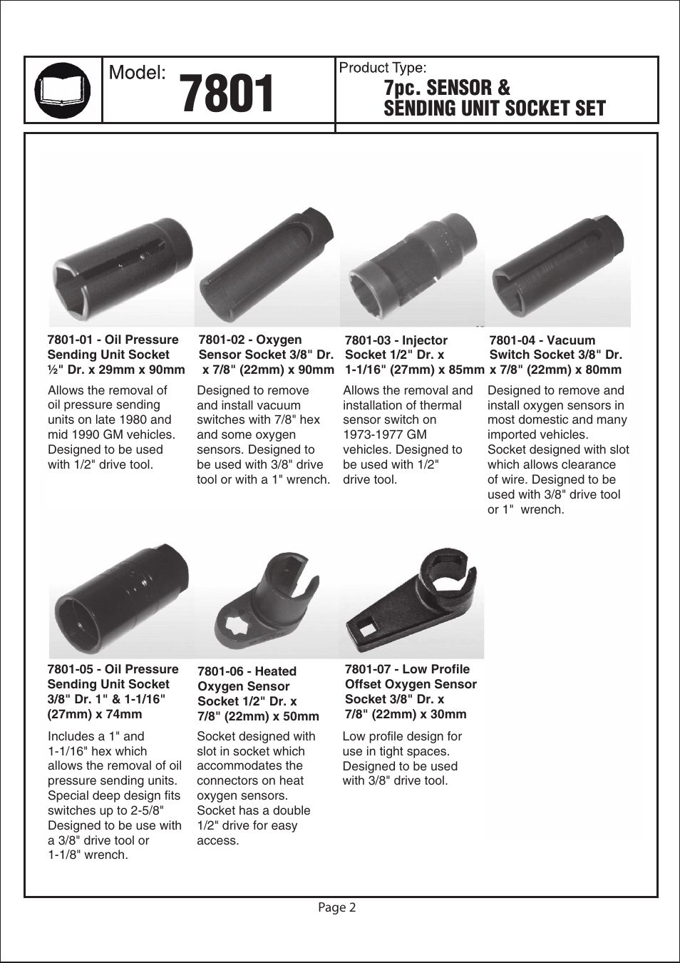 7pc. sensor & sending unit socket set | Astro Pneumatic 7801 7pc. Sensor & Sending Unit Socket Set User Manual | Page 2 / 2