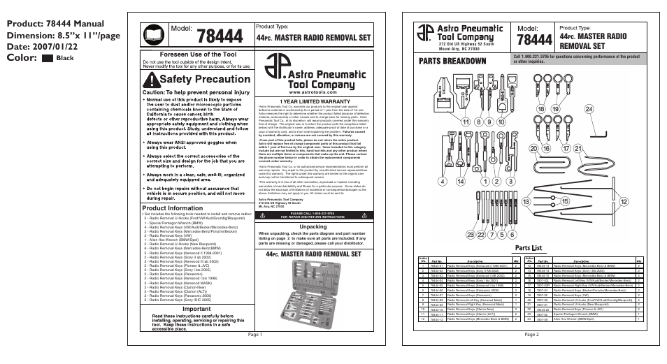 78444-2.pdf, Color, Master radio removal set | Black, Product information, Important, Unpacking, 1 year limited warranty | Astro Pneumatic 78444 44pc Master Radio Removal Set User Manual | Page 2 / 2