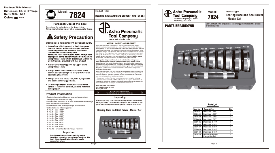 Bearing race and seal driver - master set, Color, Product information | Important, Unpacking, 1 year limited warranty | Astro Pneumatic 7824 Bearing Race and Seal Driver-Master Set User Manual | Page 2 / 2