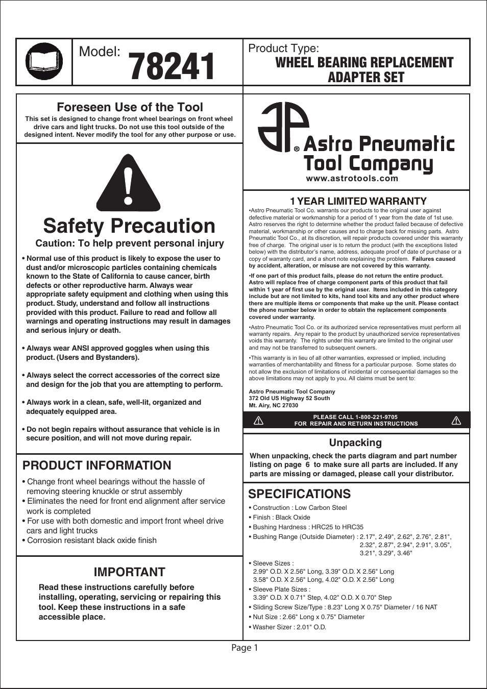 Astro Pneumatic 78241 Wheel Bearing Replacement Adapter Set User Manual | 6 pages