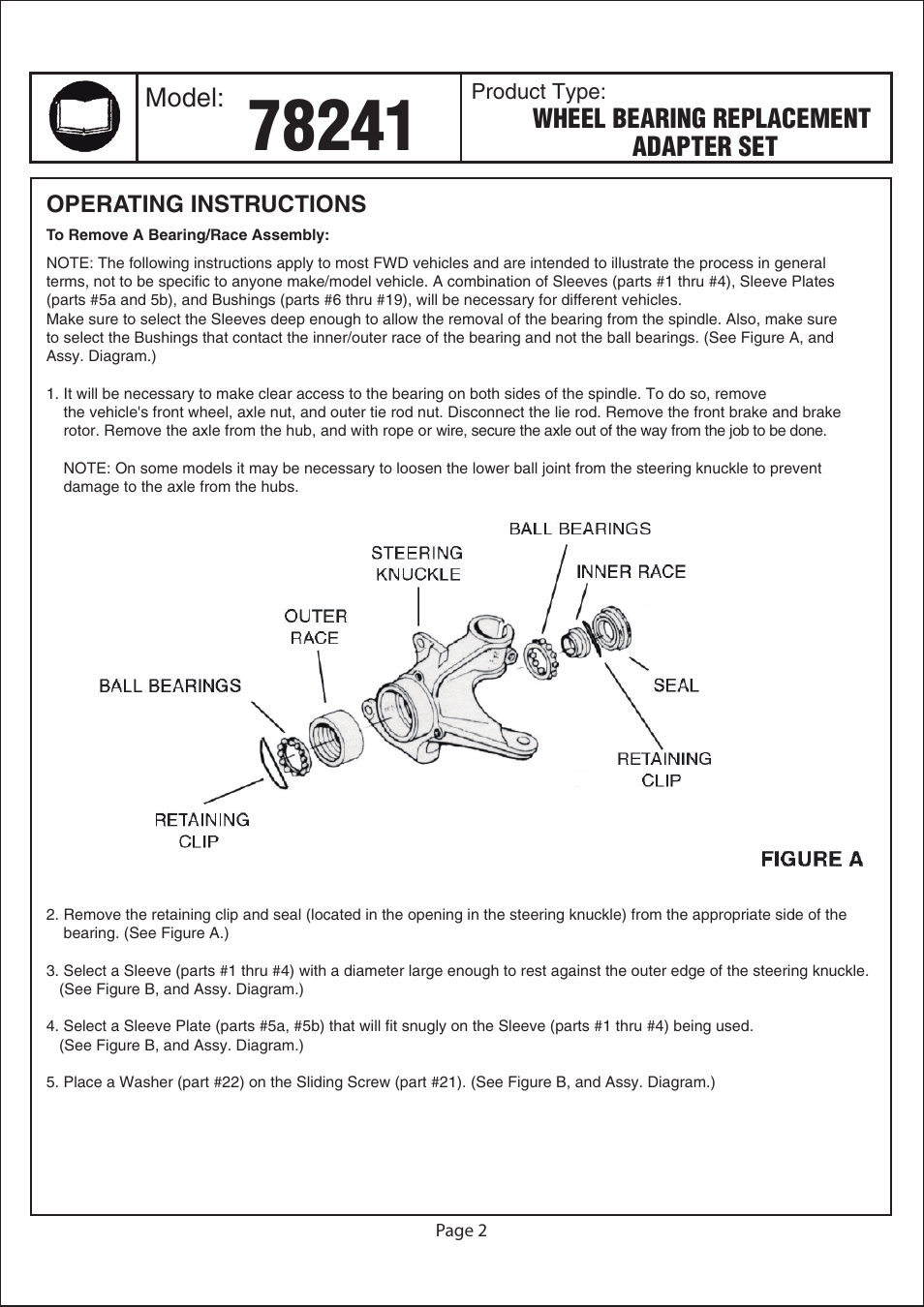 Model, Wheel bearing replacement adapter set | Astro Pneumatic 78241 Wheel Bearing Replacement Adapter Set User Manual | Page 2 / 6