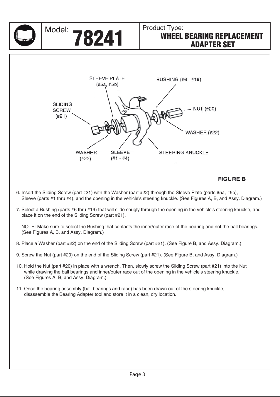 Model, Wheel bearing replacement adapter set | Astro Pneumatic 78241 Wheel Bearing Replacement Adapter Set User Manual | Page 3 / 6