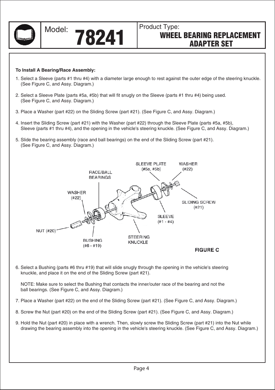Model, Wheel bearing replacement adapter set | Astro Pneumatic 78241 Wheel Bearing Replacement Adapter Set User Manual | Page 4 / 6