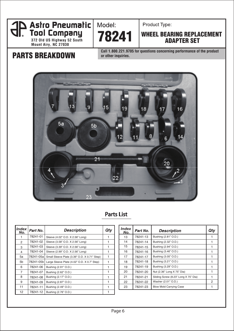 Wheel bearing replacement adapter set, Page 6 | Astro Pneumatic 78241 Wheel Bearing Replacement Adapter Set User Manual | Page 6 / 6