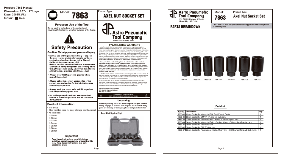 Axel nut socket set, Color, Product information | Important, Unpacking, 1 year limited warranty | Astro Pneumatic 7863 Axel Nut Socket Set User Manual | Page 2 / 2