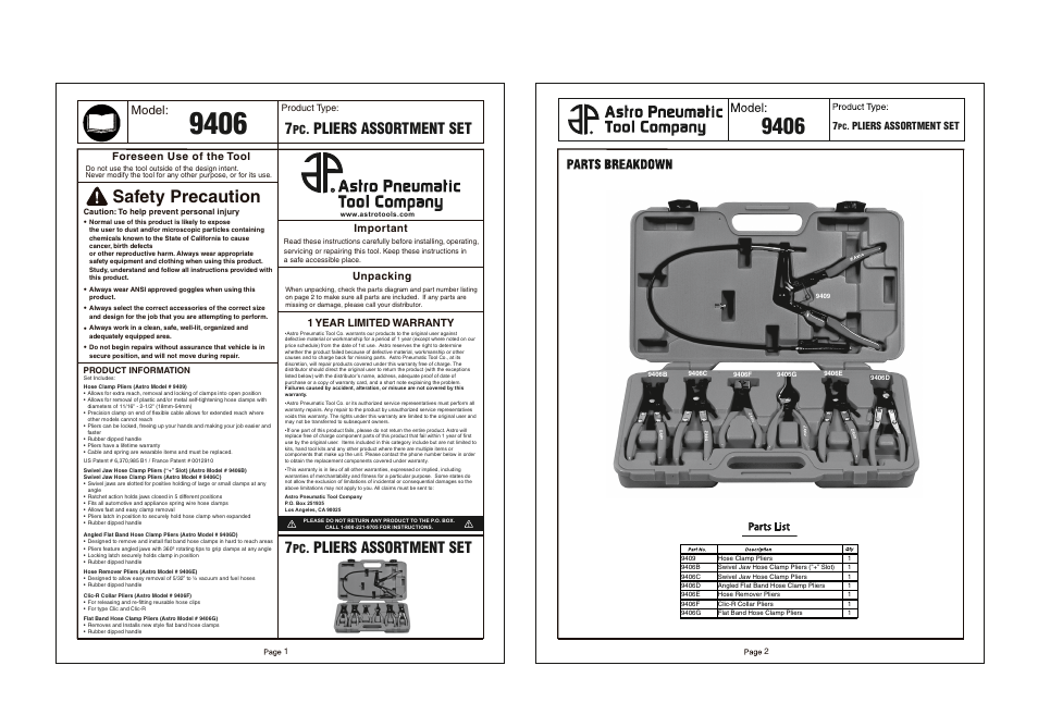 Astro Pneumatic 9406 7pc. Hose Clamp Pliers Assortment Kit User Manual | 2 pages