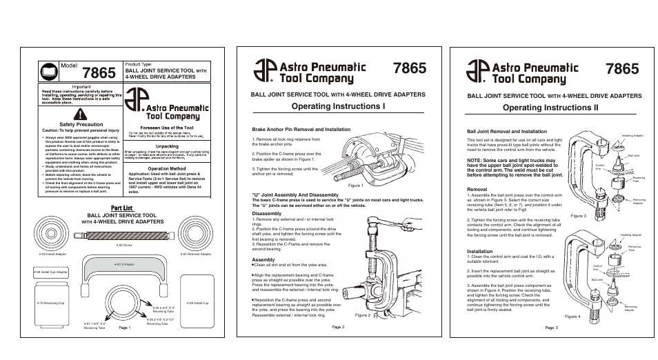 Operating instructions i, Operating instructions ii, Part list | Ball joint service tool, Wheel drive adapters | Astro Pneumatic 7865 Ball Joint Service Tool with 4-wheel Drive Adapters User Manual | Page 2 / 3