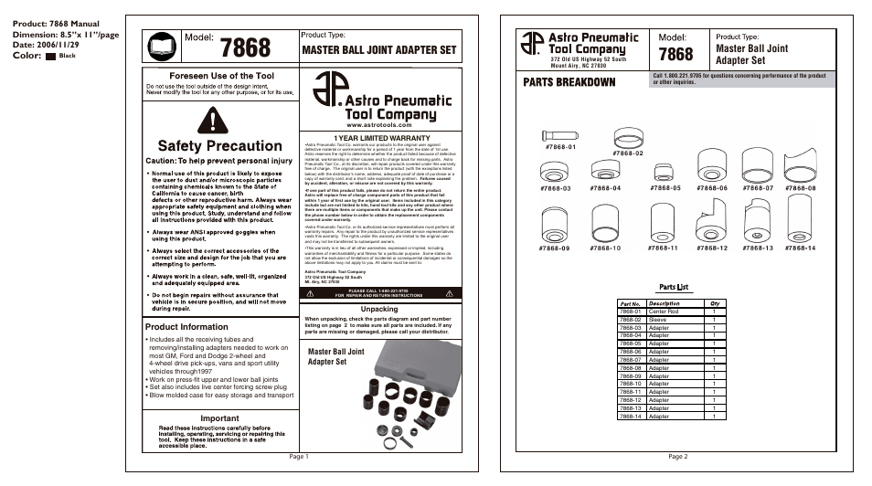 Astro Pneumatic 7868 Master Ball Joint Adapter Set User Manual | 2 pages