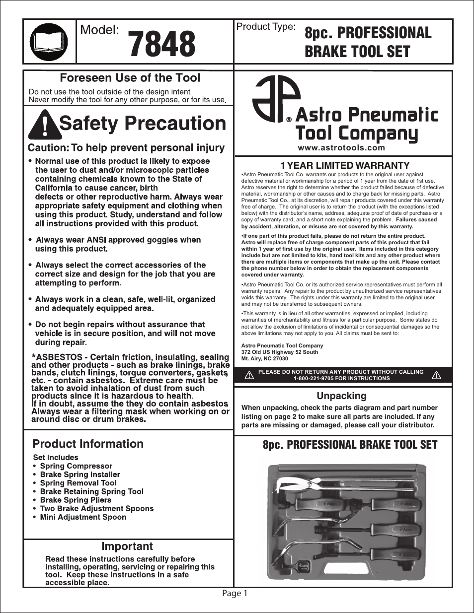Astro Pneumatic 7848 8pc. Professional Brake Tool Set User Manual | 2 pages