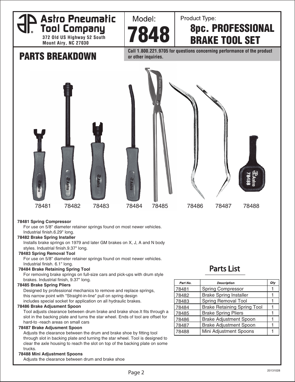 8pc. professional brake tool set | Astro Pneumatic 7848 8pc. Professional Brake Tool Set User Manual | Page 2 / 2