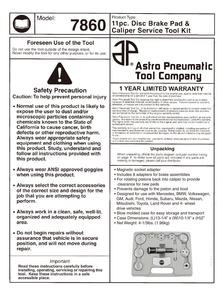 Astro Pneumatic 7860 11pc. Disc Brake Pad & Caliper Service Tool Kit User Manual | 1 page