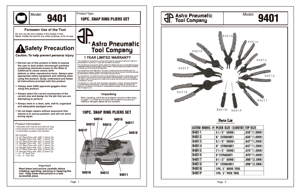 Astro Pneumatic 9401 10pc. Snap Ring Pliers Set User Manual | 2 pages