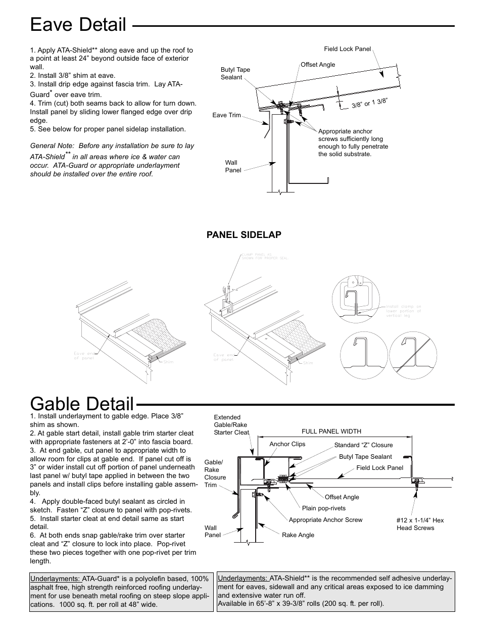 Eave detail gable detail, Panel sidelap | ATAS Field-Lok Low Slope User Manual | Page 2 / 4