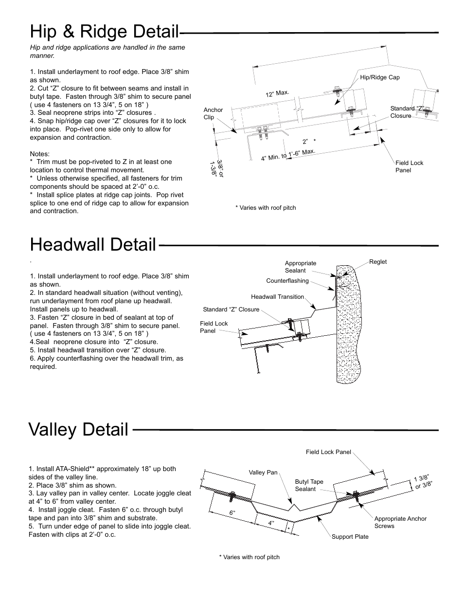 Hip & ridge detail headwall detail valley detail | ATAS Field-Lok Low Slope User Manual | Page 3 / 4