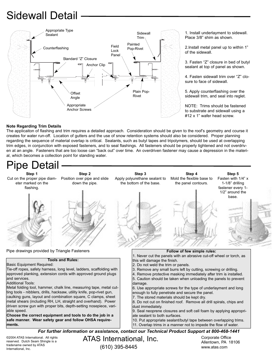 Pipe detail, Sidewall detail, Atas international, inc | ATAS Field-Lok Low Slope User Manual | Page 4 / 4