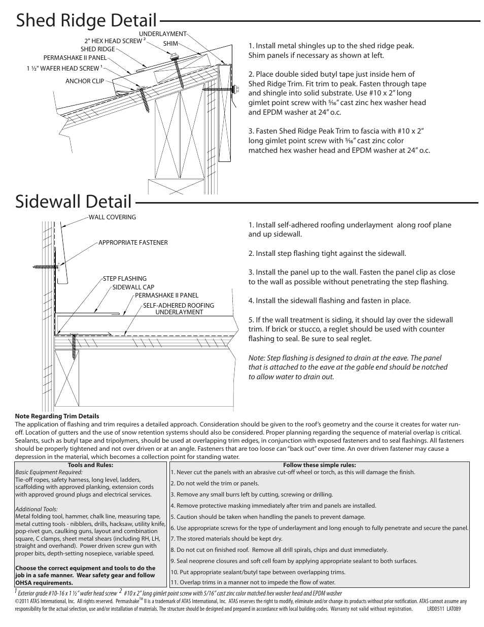 Sidewall detail, Shed ridge detail | ATAS Permashake II User Manual | Page 4 / 4