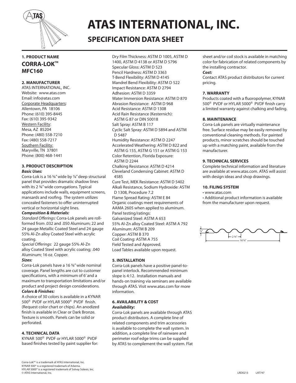 ATAS Corra-Lok Panel mFC160 User Manual | 1 page