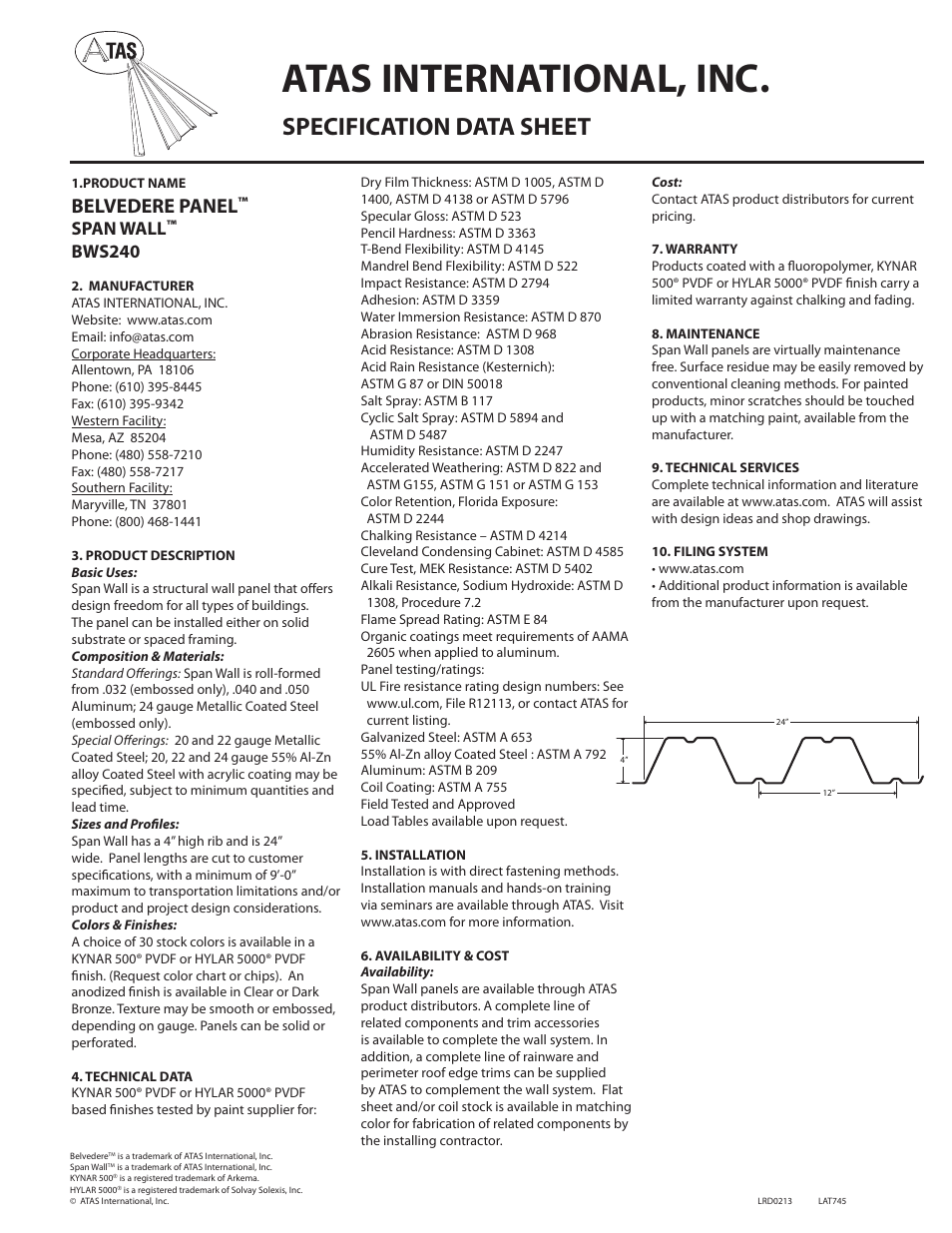 ATAS Span Wall BWS240 User Manual | 1 page