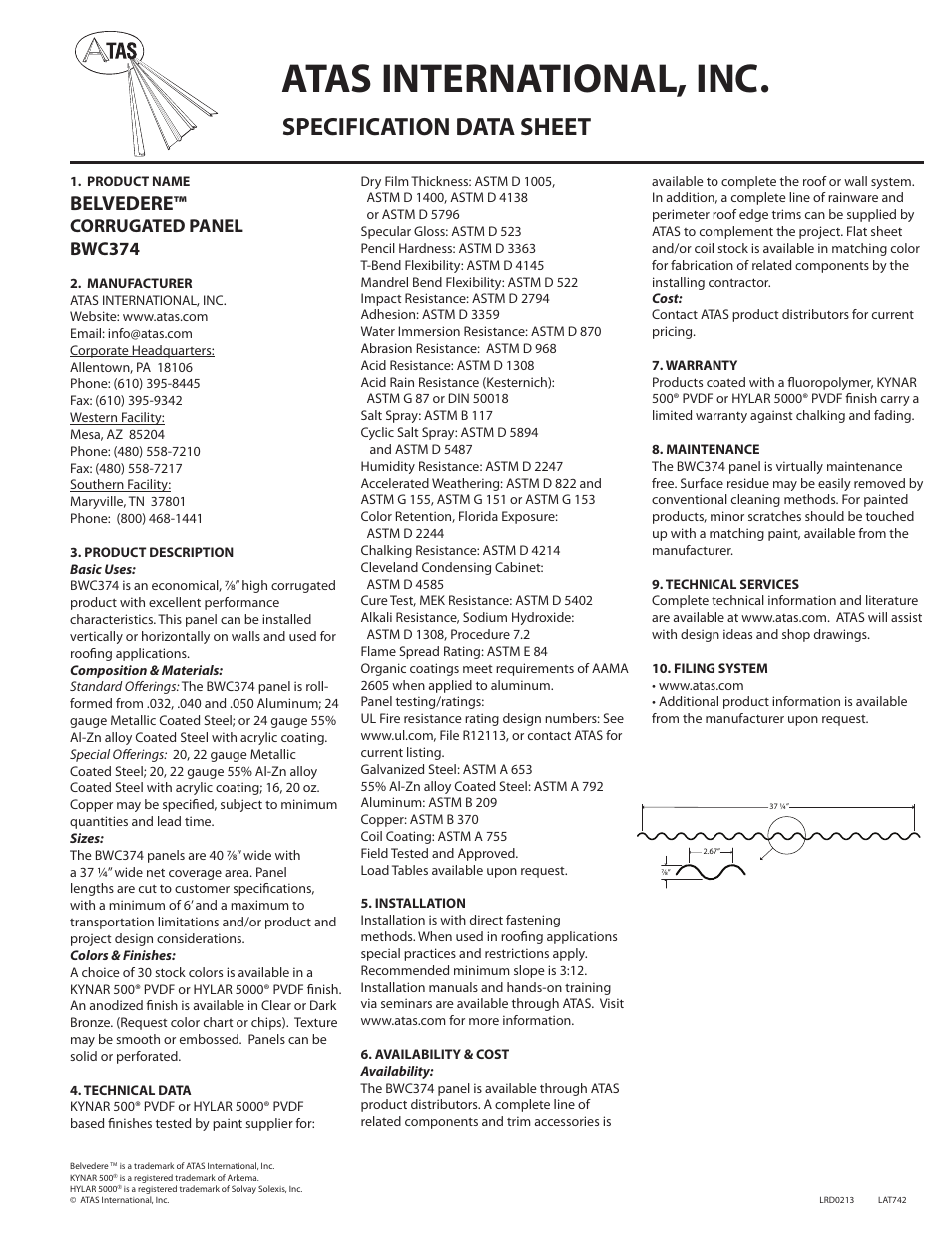 ATAS Belvedere Corrugated Panel BWC374 User Manual | 1 page