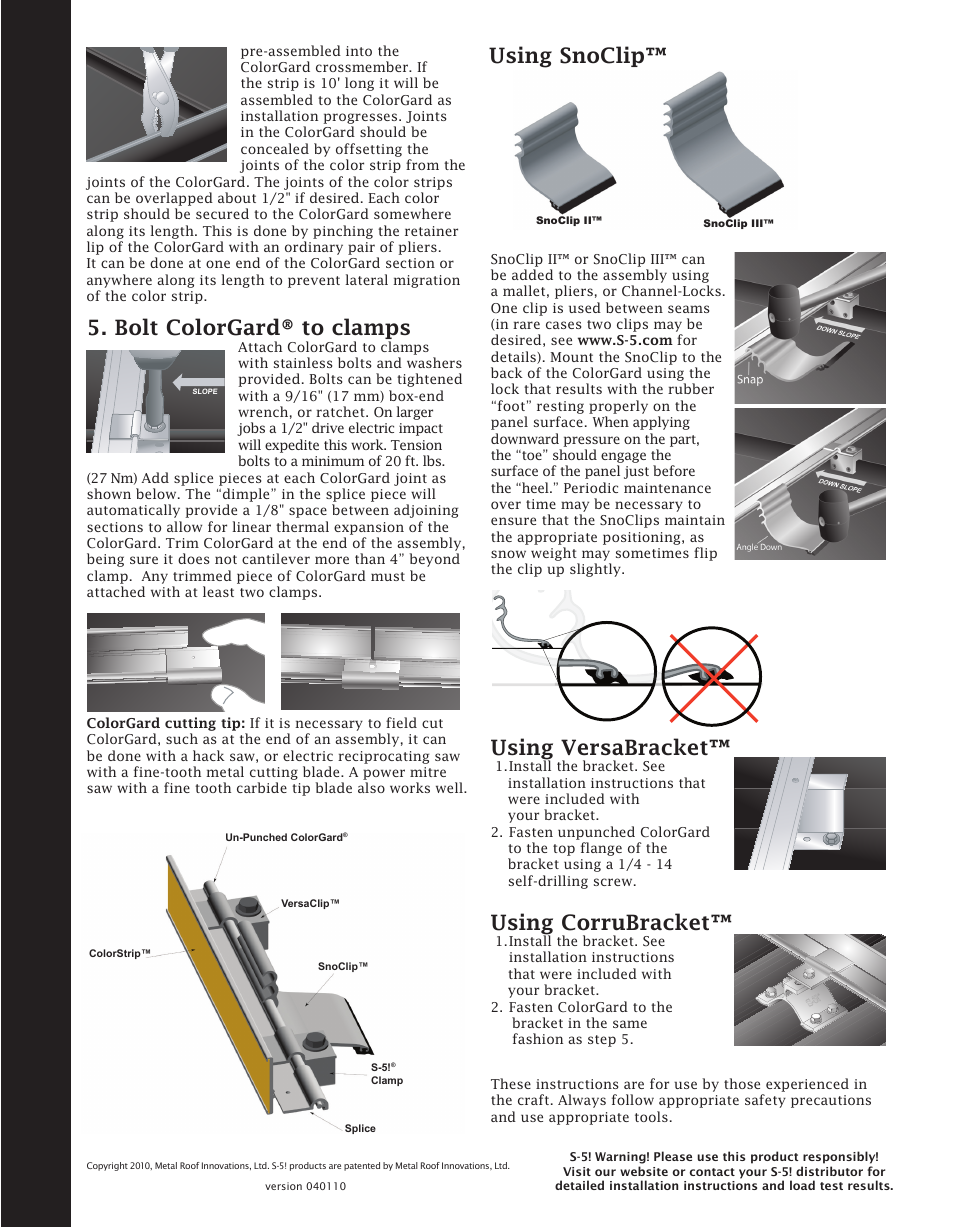 Using versabracket, Bolt colorgard® to clamps, Using corrubracket | Using snoclip | ATAS Snow Guard User Manual | Page 2 / 2
