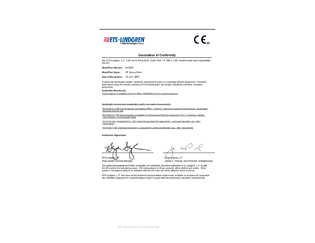 Appendix c: ec declaration of conformity | ETS-Lindgren HI-2200 RF Survey Meter User Manual | Page 53 / 53