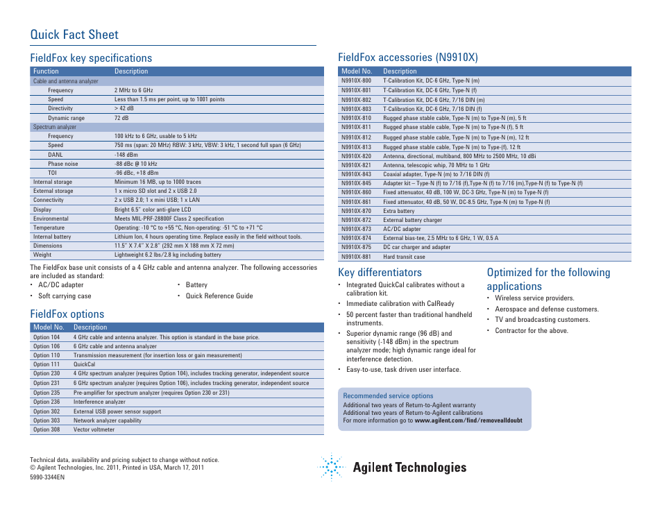 Quick fact sheet, Fieldfox key specifications, Key differentiators | Optimized for the following applications, Fieldfox options, Fieldfox accessories (n9910x) | Atec Agilent-N9912A User Manual | Page 2 / 2