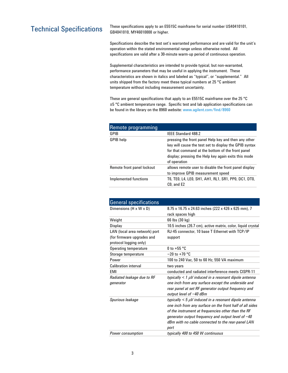 Technical specifications, Remote programming, General specifications | Atec Agilent-E5515C User Manual | Page 3 / 4