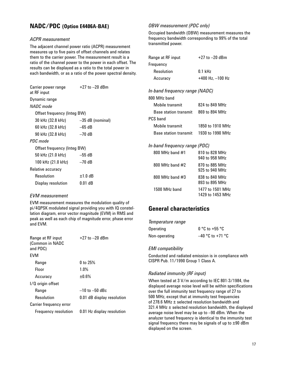 Nadc/pdc (option e4406a-bae), Nadc/pdc, General characteristics | Atec Agilent-E4406A User Manual | Page 17 / 20