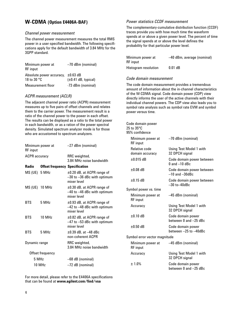 W-cdma (option e4406a-baf), W-cdma | Atec Agilent-E4406A User Manual | Page 6 / 20