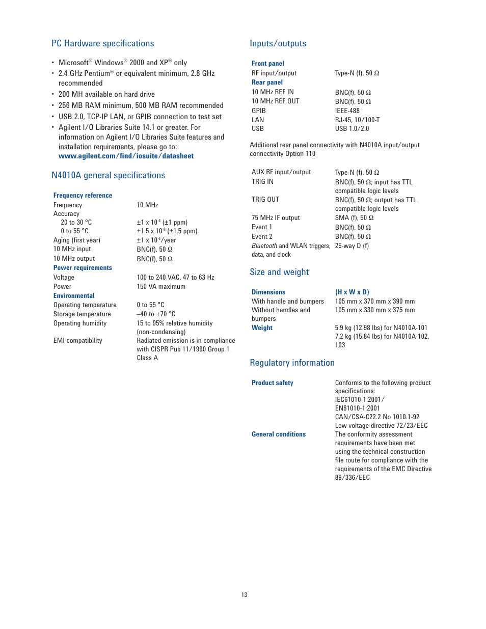 Pc hardware specifications, N4010a general specifications, Inputs/outputs | Size and weight, Regulatory information | Atec Agilent-N4010A User Manual | Page 13 / 16