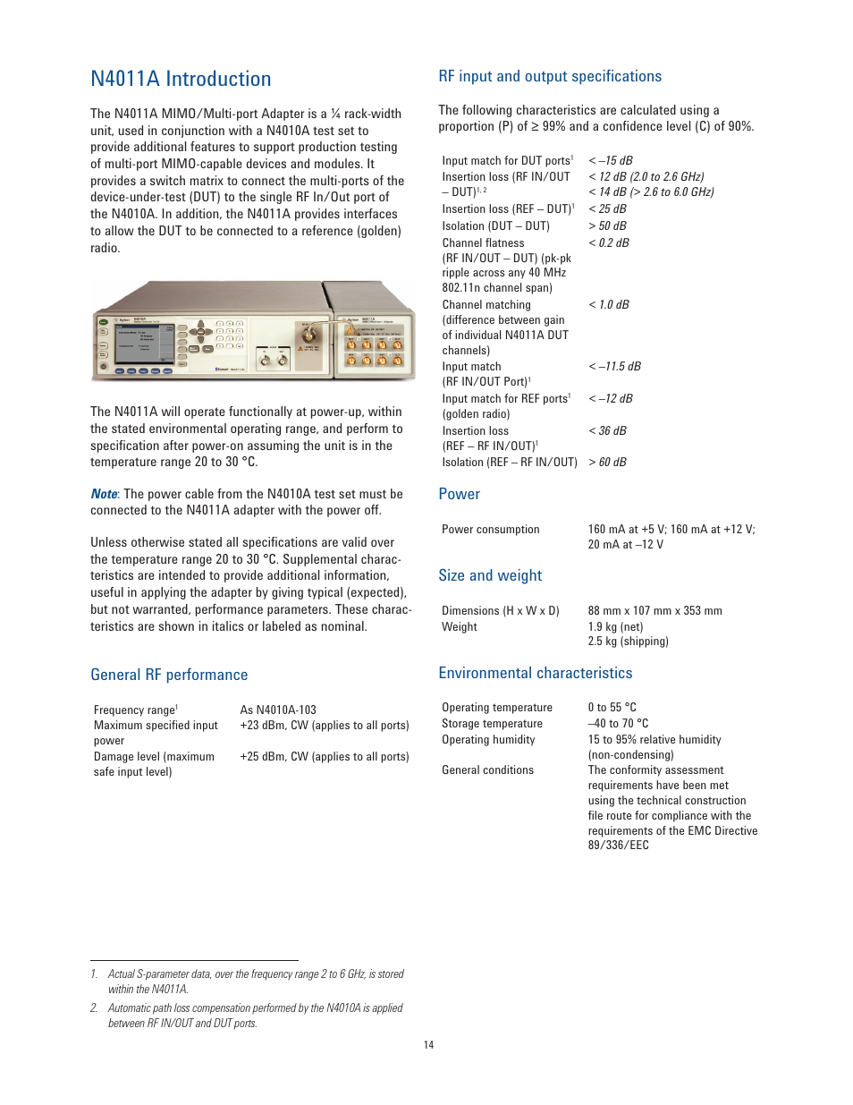 N4011a introduction, General rf performance, Rf input and output specifications | Power, Size and weight, Environmental characteristics | Atec Agilent-N4010A User Manual | Page 14 / 16