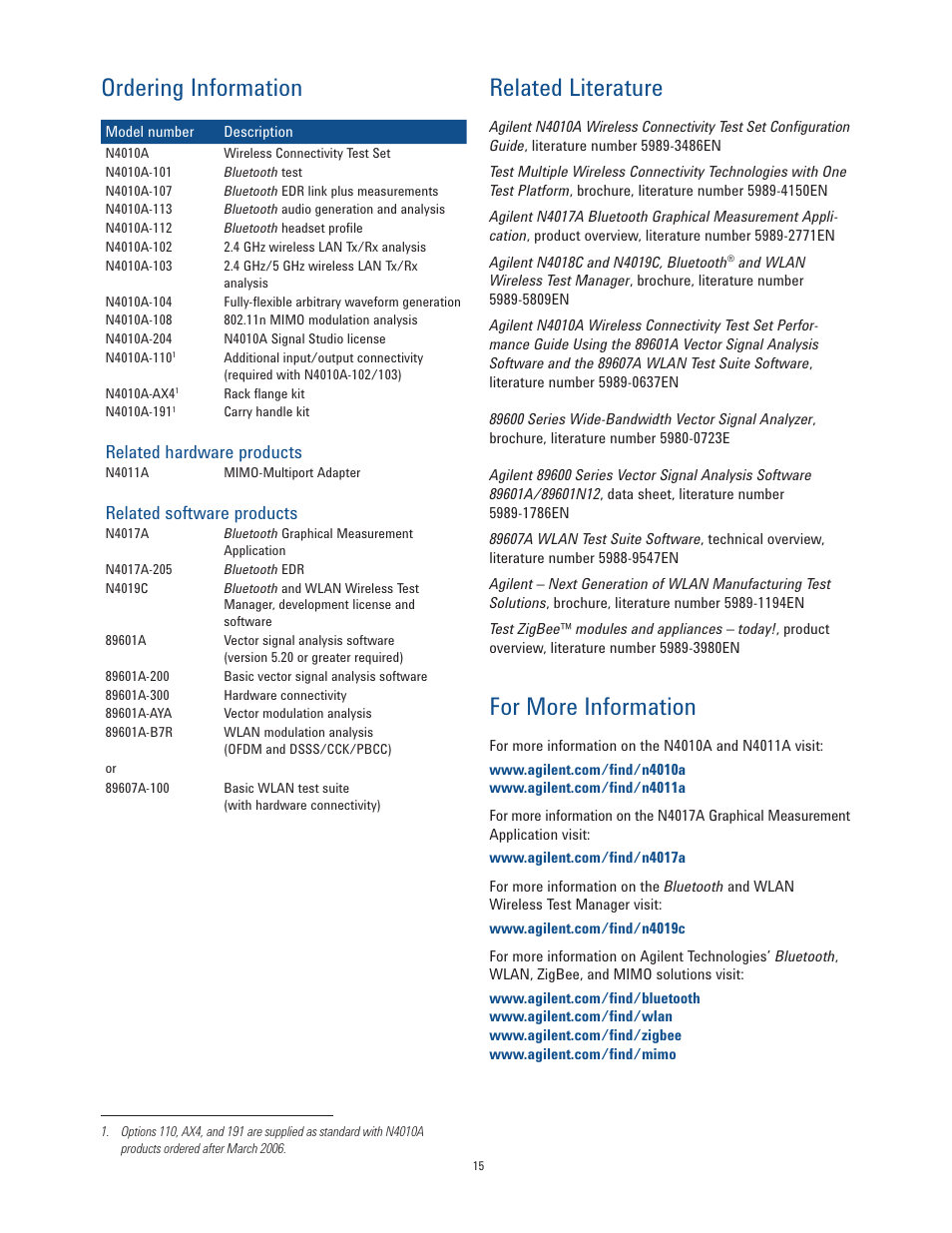 Ordering information, Related literature, For more information | Related hardware products, Related software products | Atec Agilent-N4010A User Manual | Page 15 / 16