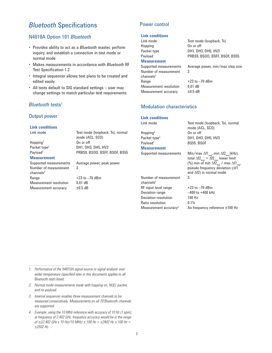 Bluetooth specifications, Bluetooth tests, Output power | Power control, Modulation characteristics | Atec Agilent-N4010A User Manual | Page 2 / 16