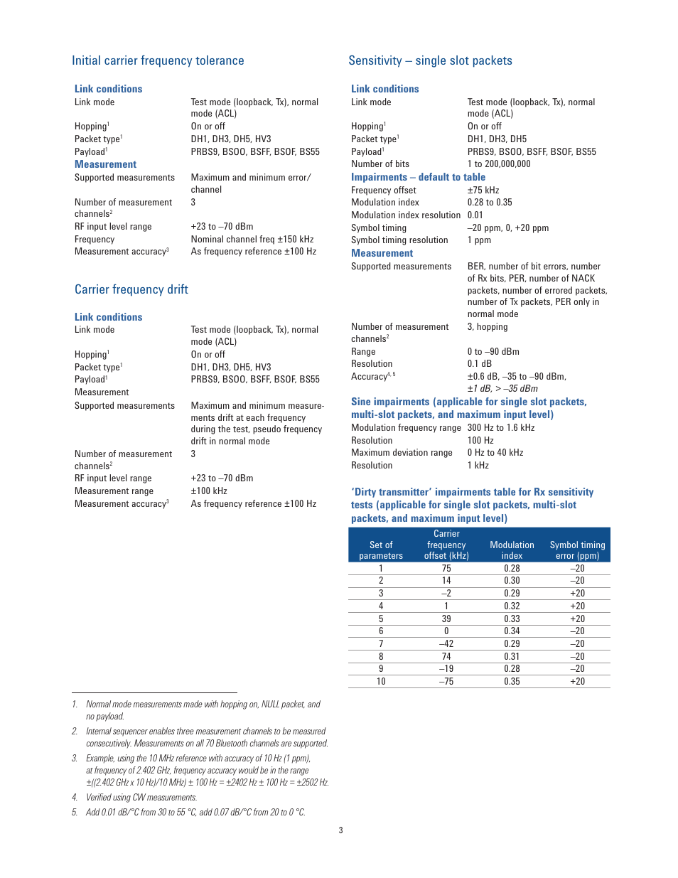 Initial carrier frequency tolerance, Carrier frequency drift, Sensitivity – single slot packets | Atec Agilent-N4010A User Manual | Page 3 / 16