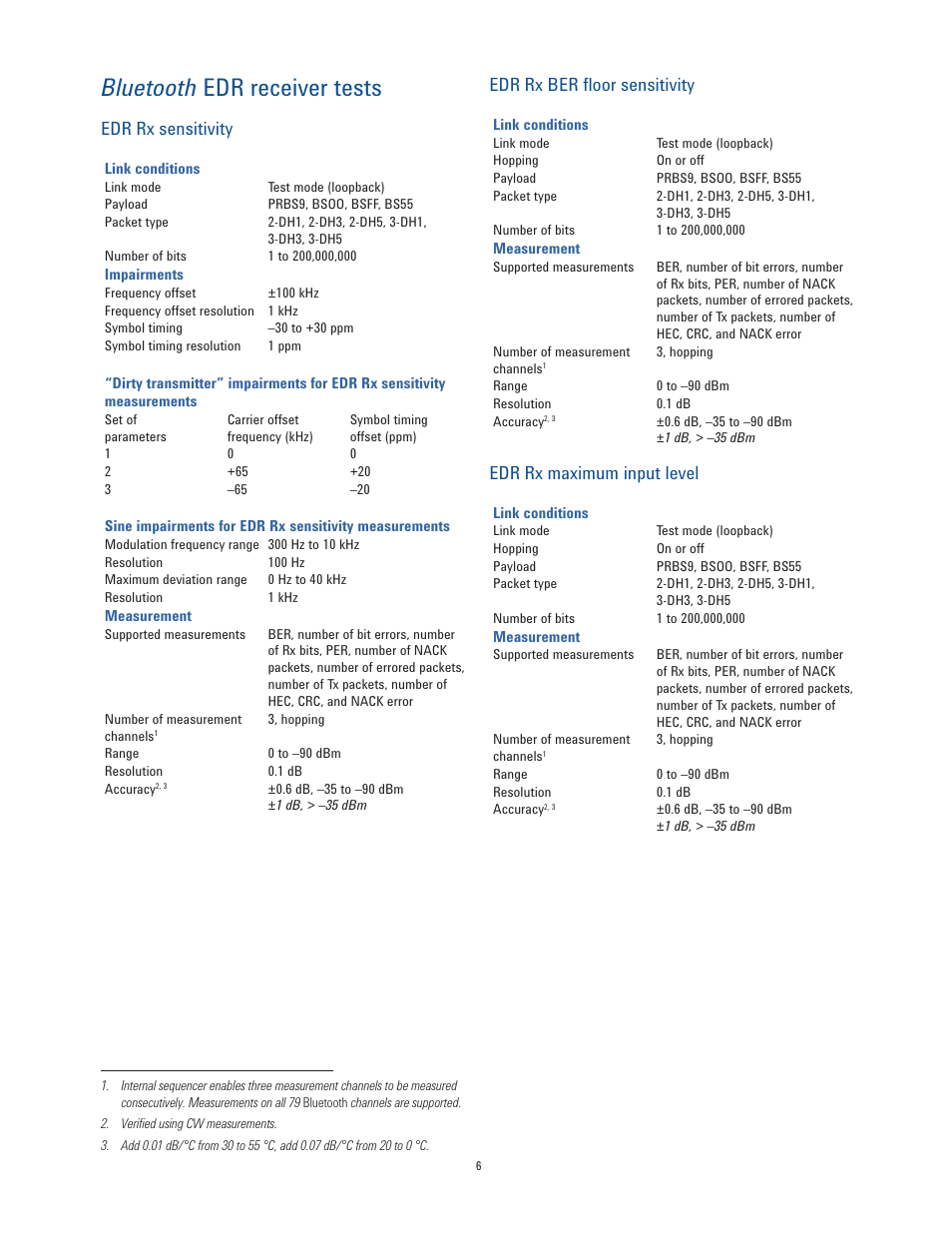 Bluetooth edr receiver tests, Edr rx sensitivity, Edr rx ber floor sensitivity | Edr rx maximum input level | Atec Agilent-N4010A User Manual | Page 6 / 16