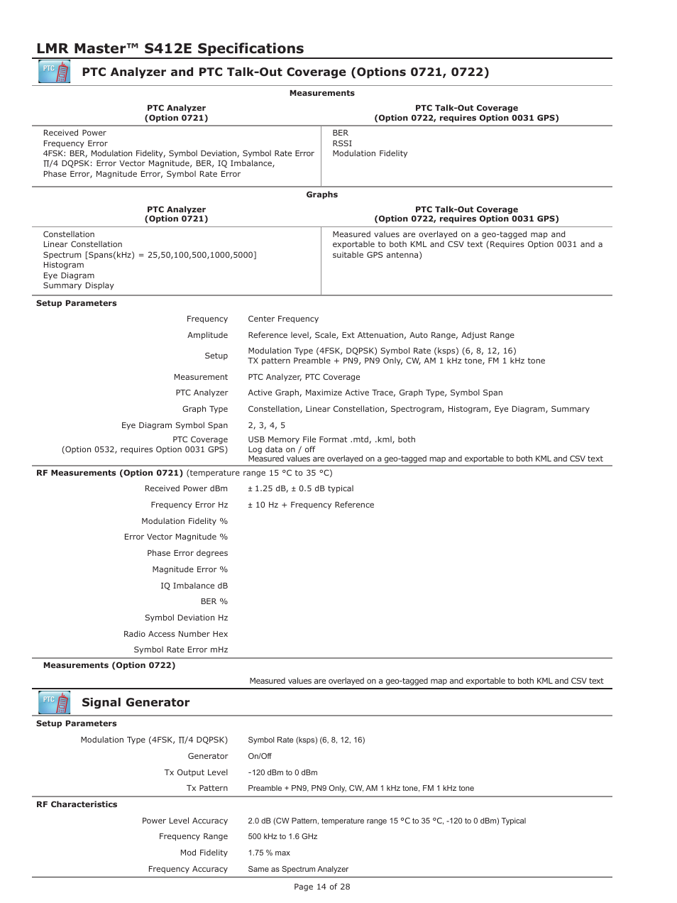 Lmr master™ s412e specifications, Signal generator | Atec Anritsu-S412E User Manual | Page 13 / 19