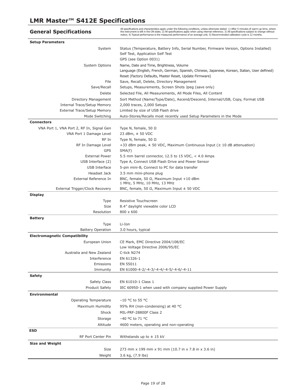 Lmr master™ s412e specifications, General specifications | Atec Anritsu-S412E User Manual | Page 18 / 19