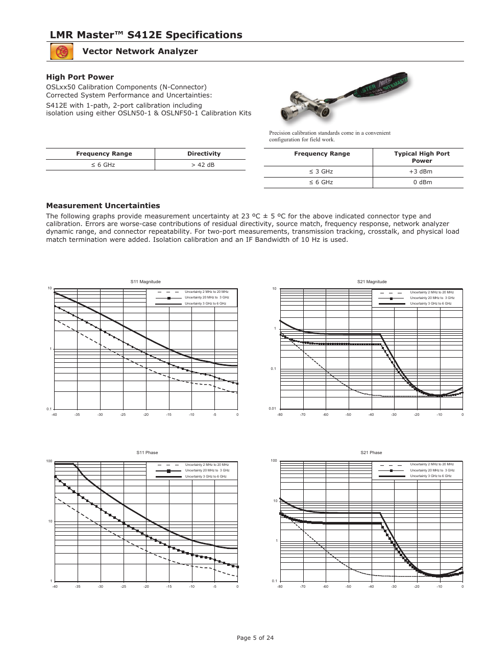 Lmr master™ s412e specifications, Vector network analyzer, High port power | Measurement uncertainties | Atec Anritsu-S412E User Manual | Page 4 / 19