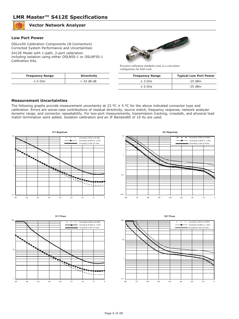 Lmr master™ s412e specifications, Vector network analyzer, Low port power | Measurement uncertainties | Atec Anritsu-S412E User Manual | Page 5 / 19