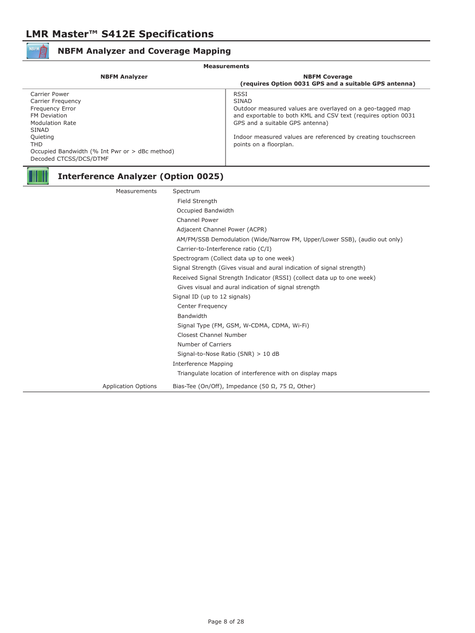 Lmr master™ s412e specifications, Interference analyzer (option 0025), Nbfm analyzer and coverage mapping | Atec Anritsu-S412E User Manual | Page 7 / 19