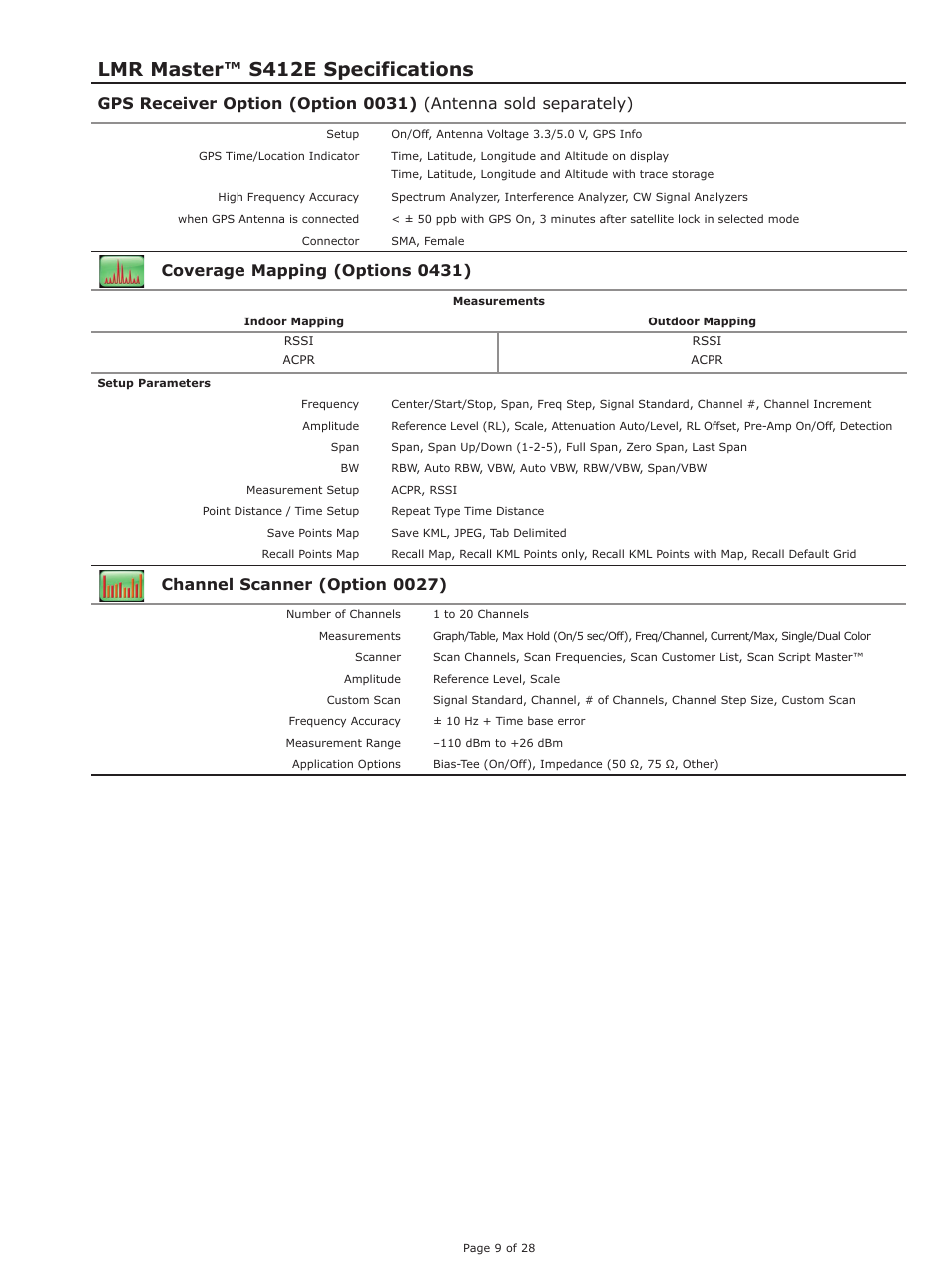 Lmr master™ s412e specifications, Channel scanner (option 0027), Coverage mapping (options 0431) | Atec Anritsu-S412E User Manual | Page 8 / 19