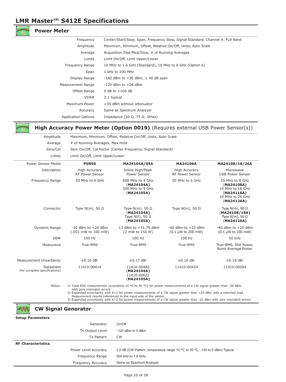 Lmr master™ s412e specifications, Power meter, Cw signal generator | Atec Anritsu-S412E User Manual | Page 9 / 19