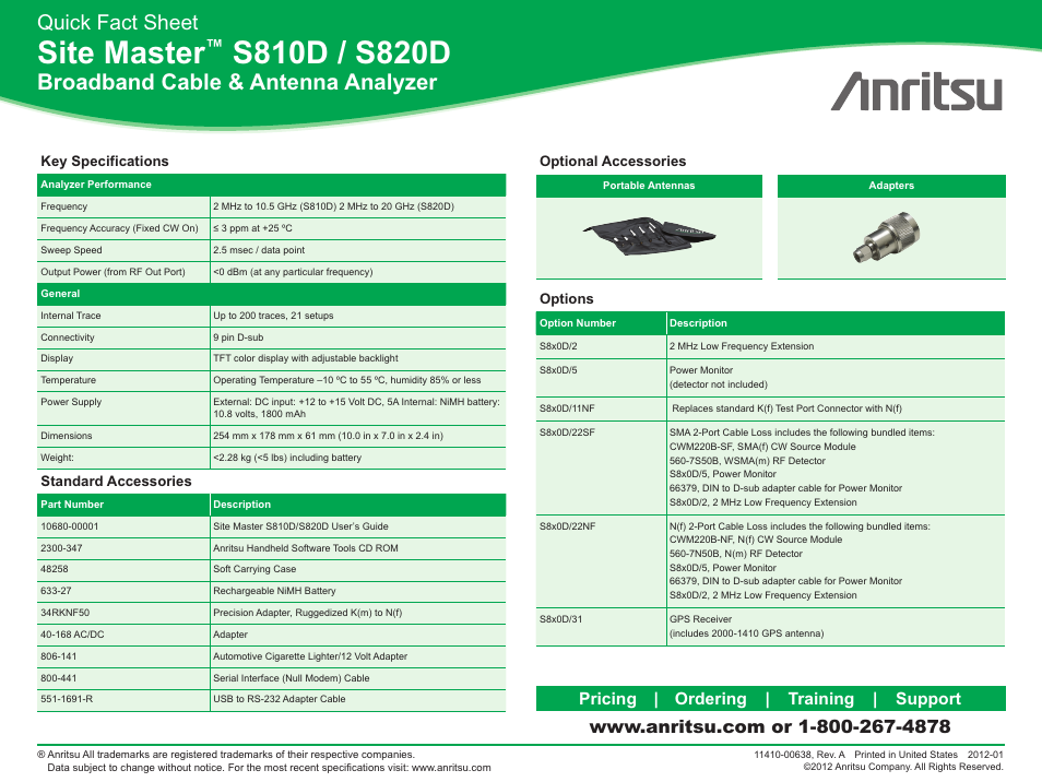 Site master, Broadband cable & antenna analyzer, Quick fact sheet | Pricing | ordering | training | support | Atec Anritsu-S810D-S820D User Manual | Page 2 / 2